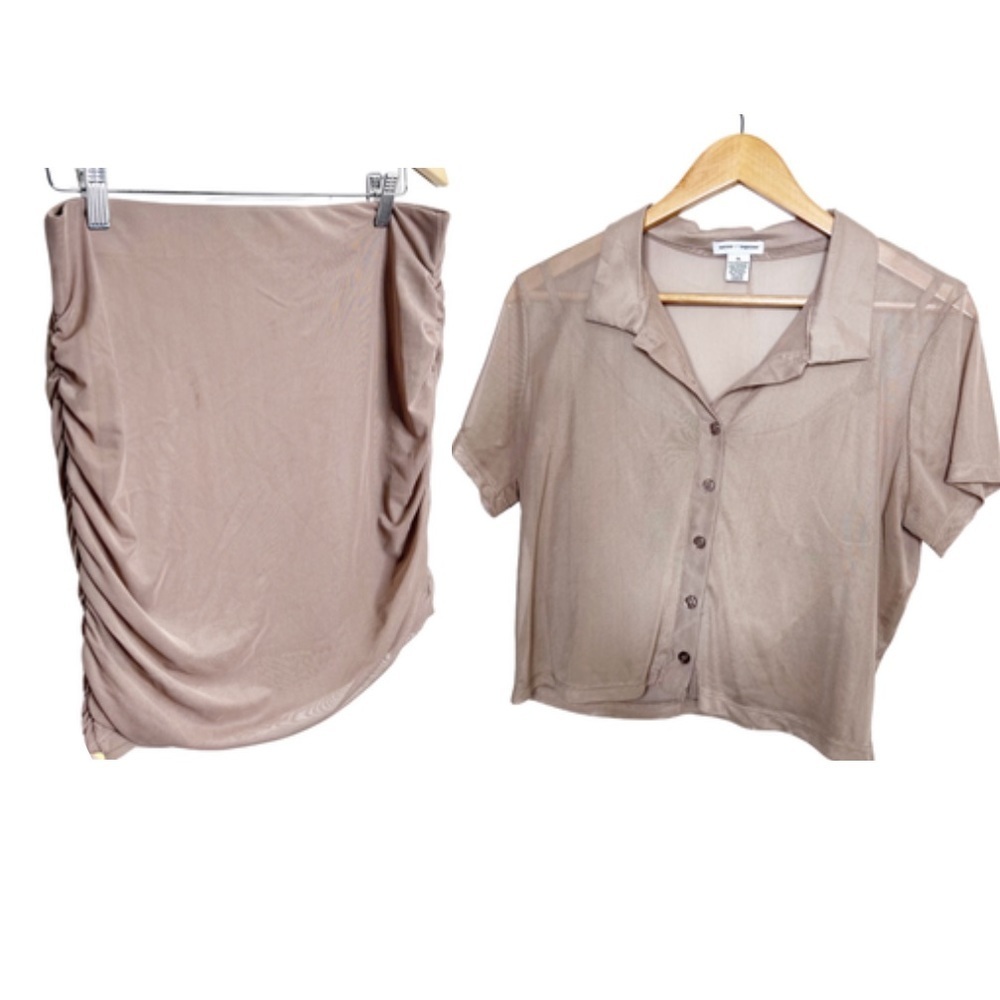 Better Together 2-Piece Taupe Mesh Collared Button Up Crop Top & Skirt XL Sheer